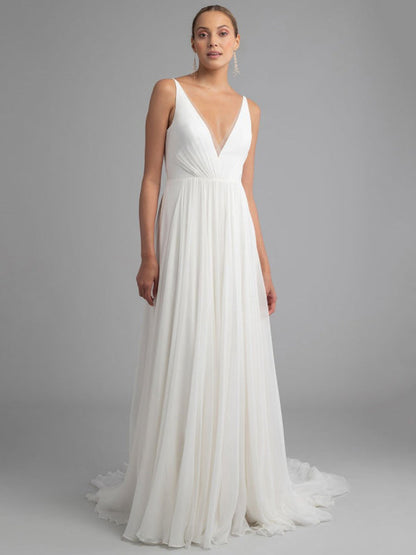 White Simple Wedding Dress Chiffon V-Neck Sleeveless A-Line Backless Long Bridal Dresses