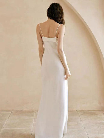 White Simple Wedding Dress Designed Straps Bows Sheath Floor-Length Bridal Dresses