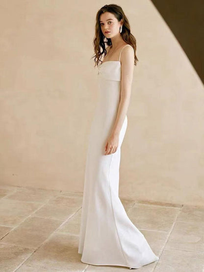 White Simple Wedding Dress Designed Straps Bows Sheath Floor-Length Bridal Dresses