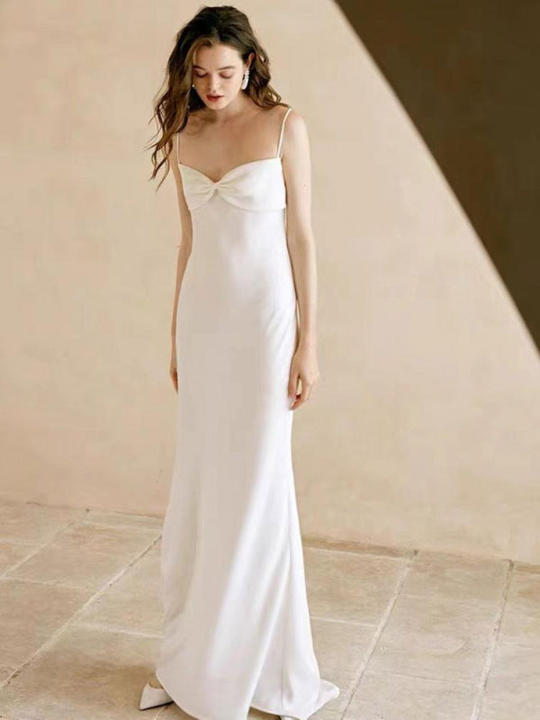 White Simple Wedding Dress Designed Straps Bows Sheath Floor-Length Bridal Dresses