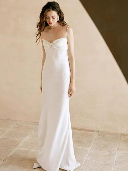 White Simple Wedding Dress Designed Straps Bows Sheath Floor-Length Bridal Dresses