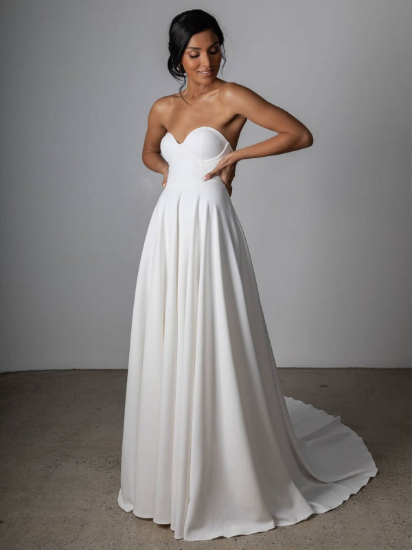 White Simple Wedding Dress Satin Strapless Sleeveless A-Line Bridal Dresses