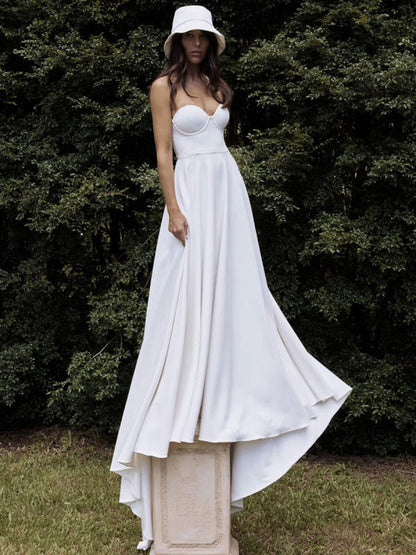 White Simple Wedding Dress Satin Strapless Sleeveless A-Line Bridal Dresses