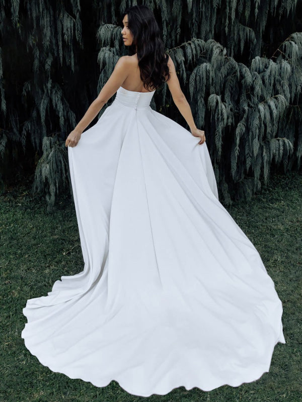 White Simple Wedding Dress Satin Strapless Sleeveless A-Line Bridal Dresses