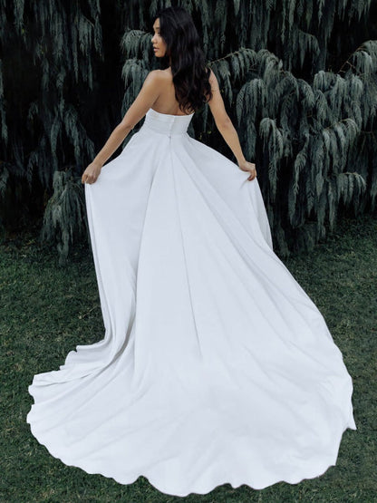 White Simple Wedding Dress Satin Strapless Sleeveless A-Line Bridal Dresses