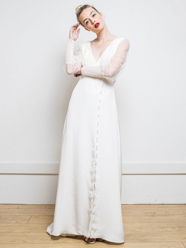 White Simple Wedding Dress Satin Fabric V-Neck Long Sleeves A-Line Tulle Satin Fabric Long Bridal Dresses