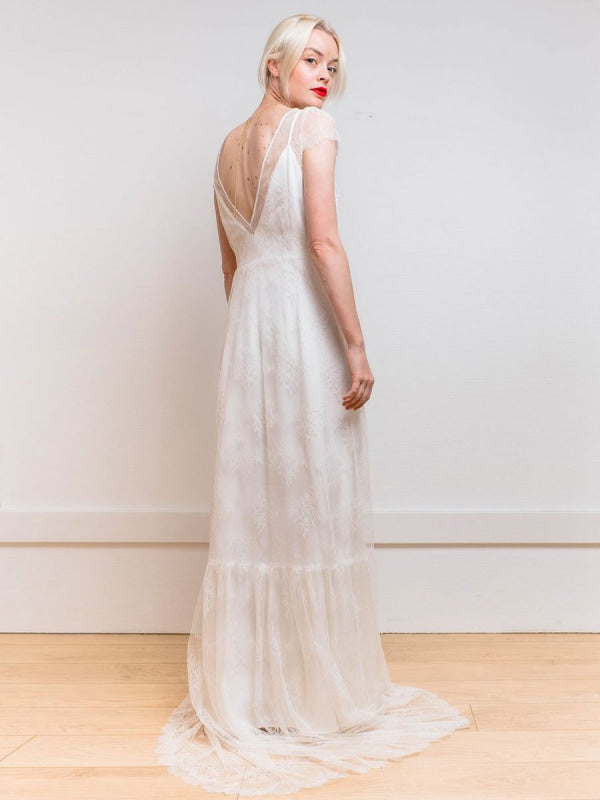 White Simple Wedding Dress Satin Fabric V-Neck Short Sleeves Backless A-Line Long Bridal Gowns