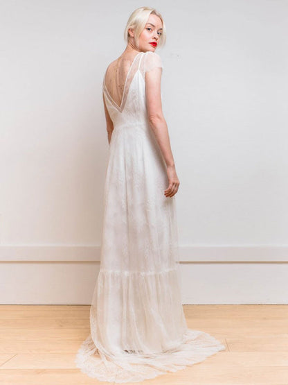 White Simple Wedding Dress Satin Fabric V-Neck Short Sleeves Backless A-Line Long Bridal Gowns