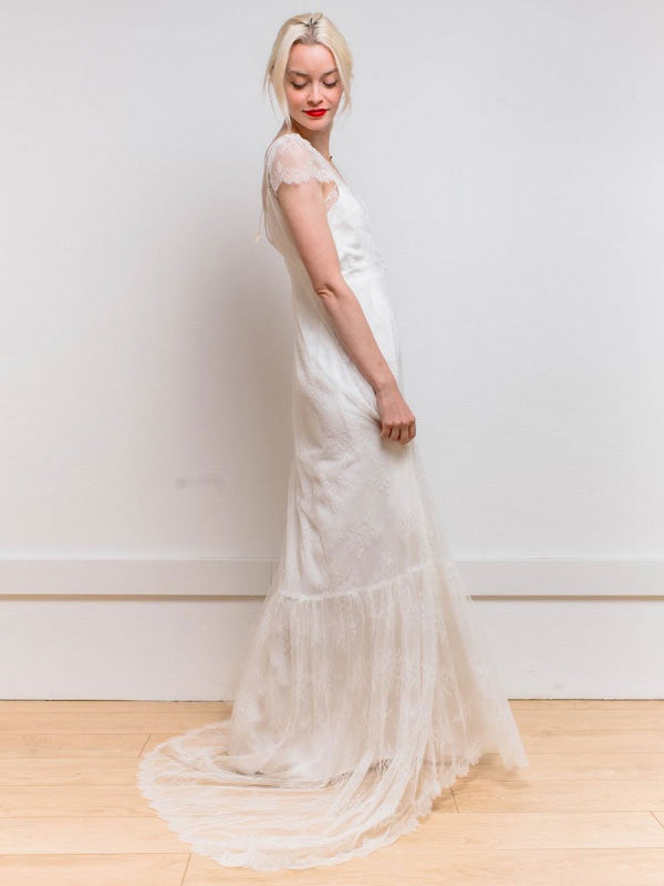 White Simple Wedding Dress Satin Fabric V-Neck Short Sleeves Backless A-Line Long Bridal Gowns
