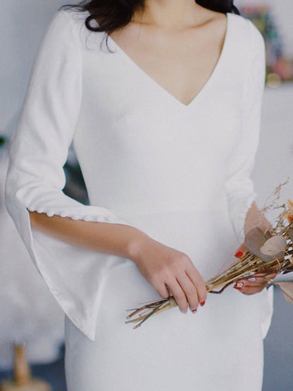 White Simple Wedding Dress Satin V-Neck Long Sleeves Buttons Mermaid Bridal Gowns