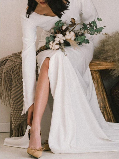 White Simple Wedding Dress Satin V-Neck Long Sleeves Buttons Mermaid Bridal Gowns