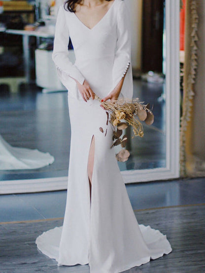 White Simple Wedding Dress Satin V-Neck Long Sleeves Buttons Mermaid Bridal Gowns