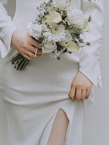 White Simple Wedding Dress Satin V-Neck Long Sleeves Buttons Mermaid Bridal Gowns