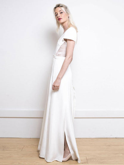 White Simple Wedding Dress Satin V-Neck Short Sleeves Backless Split Front A-Line Long Bridal Dresses