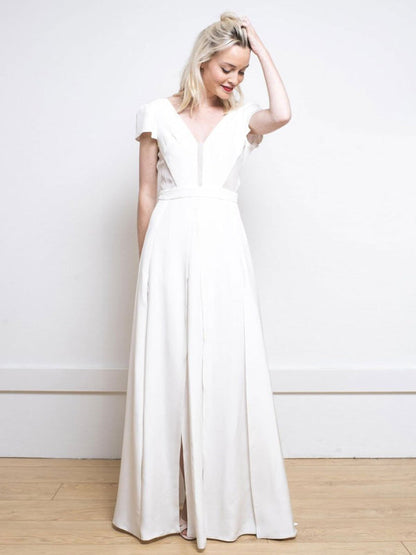 White Simple Wedding Dress Satin V-Neck Short Sleeves Backless Split Front A-Line Long Bridal Dresses