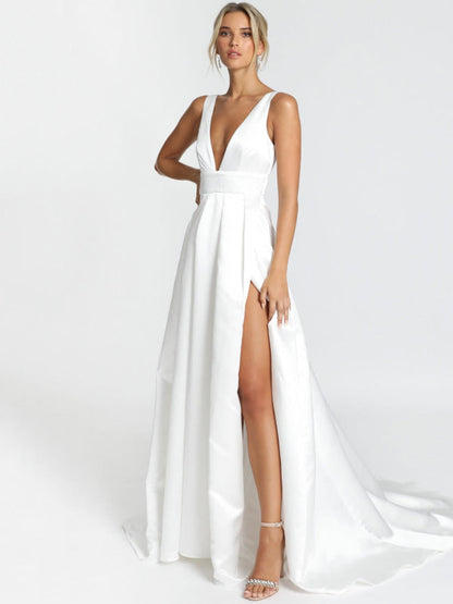 White Simple Wedding Dress Satin V-Neck Sleeveless Backless A-Line Bridal Dresses