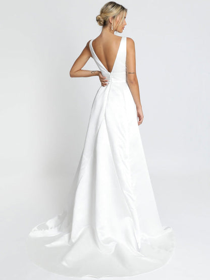 White Simple Wedding Dress Satin V-Neck Sleeveless Backless A-Line Bridal Dresses