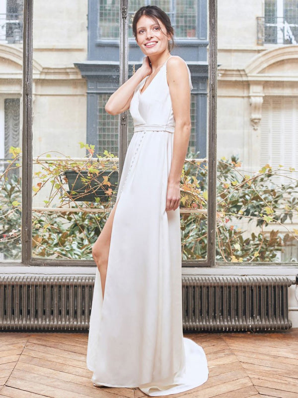 White Simple Wedding Dress Satin V-Neck Sleeveless Buttons Split A-Line Long Bridal Gowns