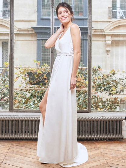White Simple Wedding Dress Satin V-Neck Sleeveless Buttons Split A-Line Long Bridal Gowns