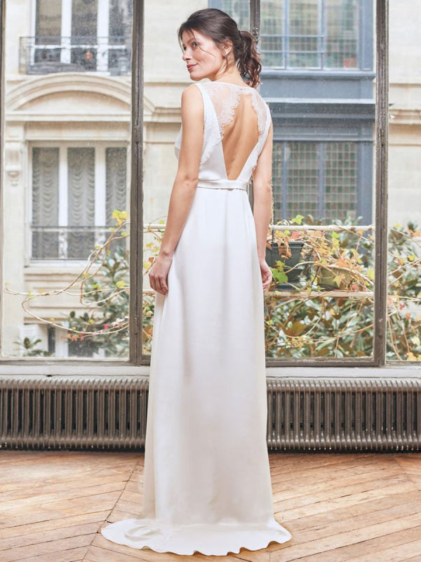 White Simple Wedding Dress Satin V-Neck Sleeveless Buttons Split A-Line Long Bridal Gowns