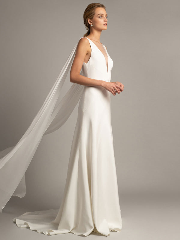 White Simple Wedding Dress Satin V-Neck Sleeveless Ruffles A-Line Long Bridal Gowns