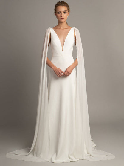 White Simple Wedding Dress Satin V-Neck Sleeveless Ruffles A-Line Long Bridal Gowns