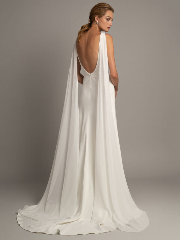 White Simple Wedding Dress Satin V-Neck Sleeveless Ruffles A-Line Long Bridal Gowns