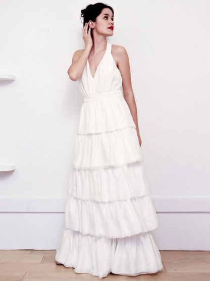White Simple Wedding Dress Satin V-Neck Sleeveless Ruffles A-Line Long Chiffon Bridal Dresses