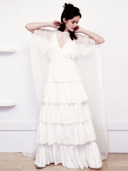 White Simple Wedding Dress Satin V-Neck Sleeveless Ruffles A-Line Long Chiffon Bridal Dresses