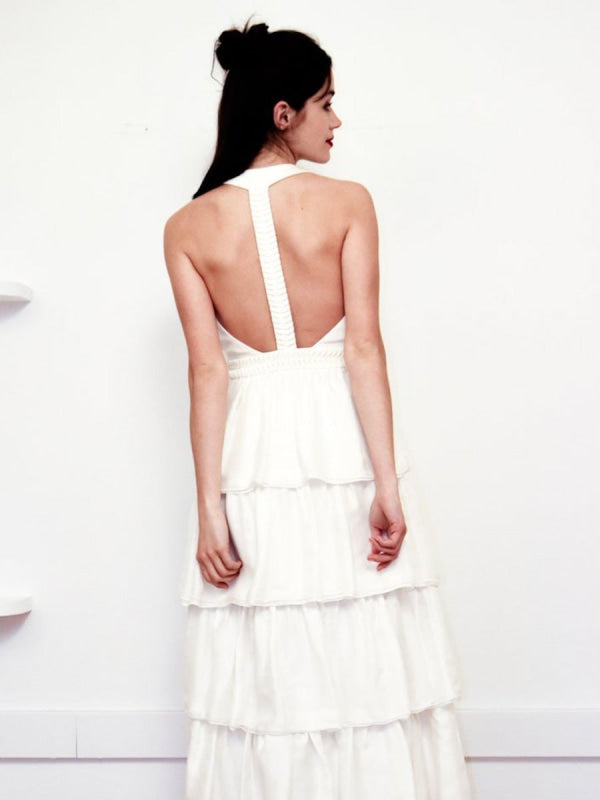 White Simple Wedding Dress Satin V-Neck Sleeveless Ruffles A-Line Long Chiffon Bridal Dresses