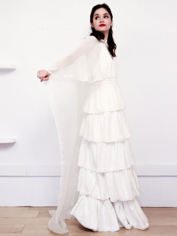 White Simple Wedding Dress Satin V-Neck Sleeveless Ruffles A-Line Long Chiffon Bridal Dresses