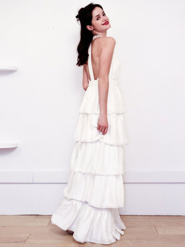 White Simple Wedding Dress Satin V-Neck Sleeveless Ruffles A-Line Long Chiffon Bridal Dresses
