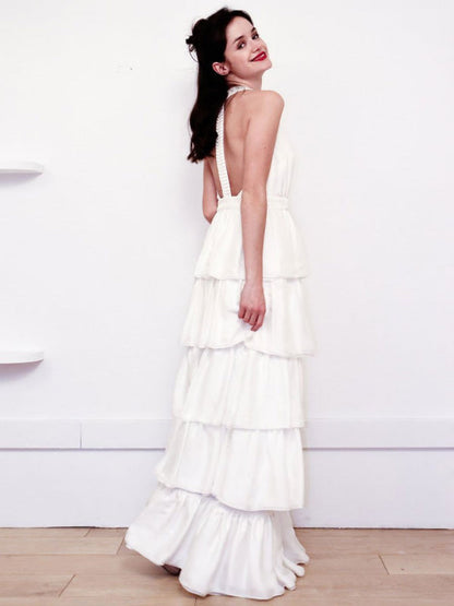 White Simple Wedding Dress Satin V-Neck Sleeveless Ruffles A-Line Long Chiffon Bridal Dresses