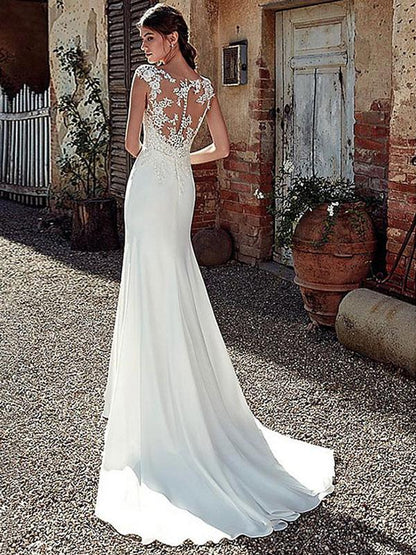 White Simple Wedding Dress White Chiffon Illusion Sleeveless Court Train Applique Sheath Bridal Gowns
