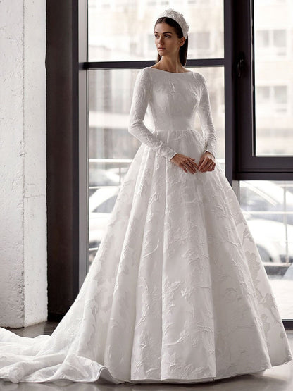 White Simple Wedding Dress A-Line Jewel Neck Long Sleeves Satin Bridal Gowns