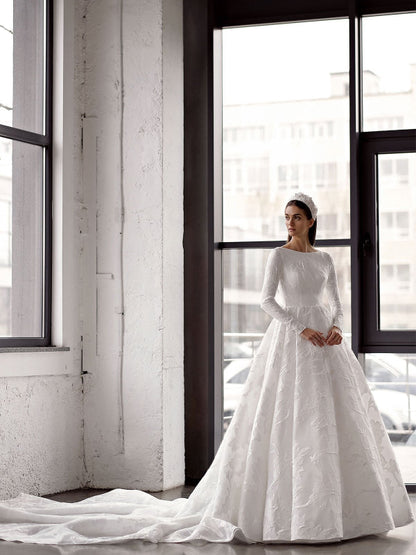 White Simple Wedding Dress A-Line Jewel Neck Long Sleeves Satin Bridal Gowns
