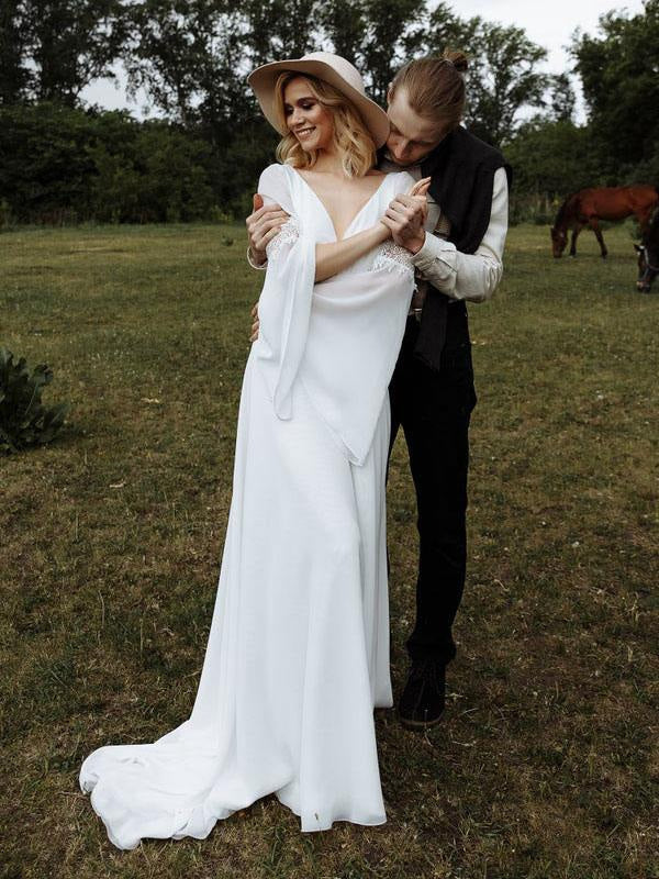 White Simple Wedding Dress With Train A-Line V-Neck Long Sleeves Backless Chains Natural Waist Bridal Gowns