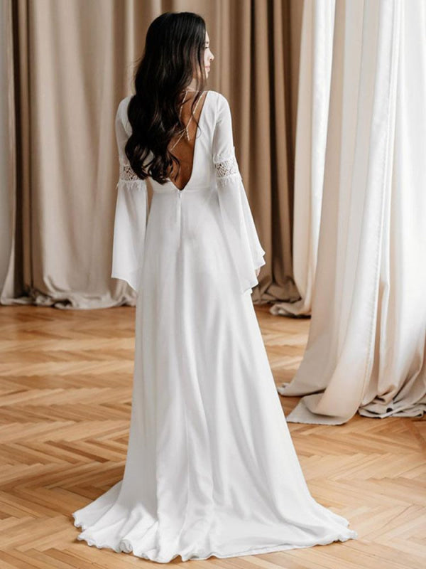White Simple Wedding Dress With Train A-Line V-Neck Long Sleeves Backless Chains Natural Waist Bridal Gowns