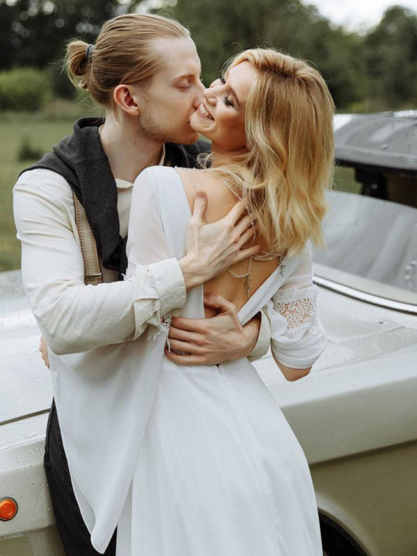 White Simple Wedding Dress With Train A-Line V-Neck Long Sleeves Backless Chains Natural Waist Bridal Gowns
