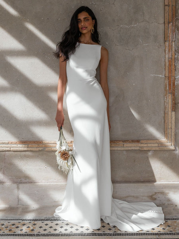White Simple Wedding Dress With Train Bateau Neck Sleeveless Backless Satin Mermaid Bridal Dresses