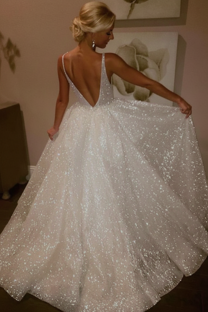 Ivory Sparkly V-neck Sleeveless Backless Floor-length Party Dress Prom Dresses