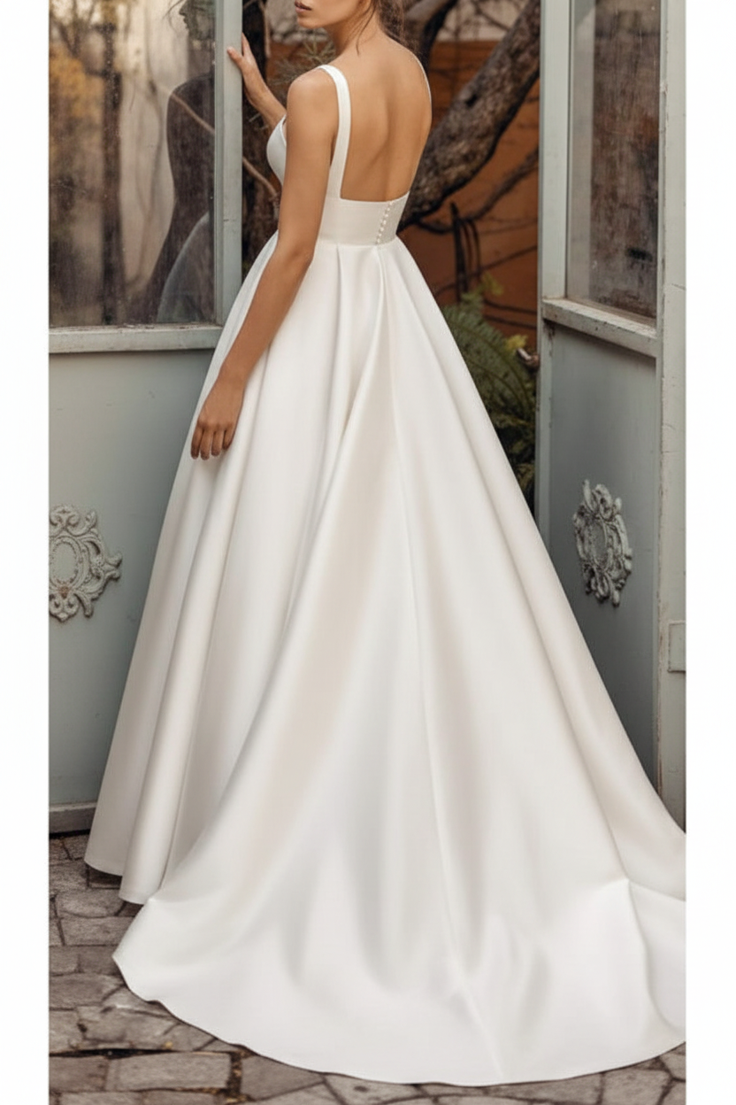 Square Neck Vintage Wedding Dresses Sleeveless Satin Court Train Sash Bridal Dress