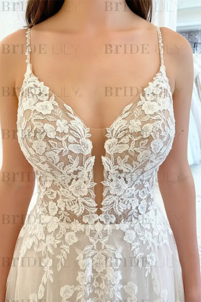 White Tulle V Neck Lace Aline Wedding Dress with Appliques