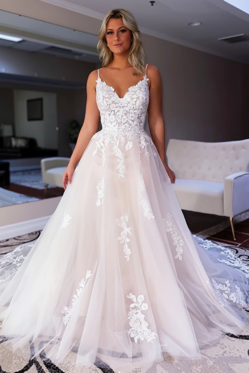 V Neck Backless Ivory Lace Wedding Dresses Tulle Aline Wedding Dress