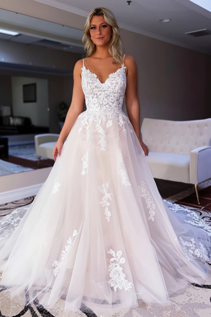 V Neck Backless Ivory Lace Wedding Dresses Tulle Aline Wedding Dress