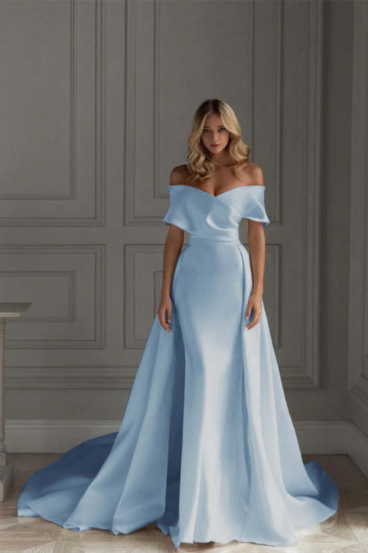 White Vintage Wedding Dress With Train Satin Off The Shoulder Wedding Dress Pleated Mermaid Bridal Gowns