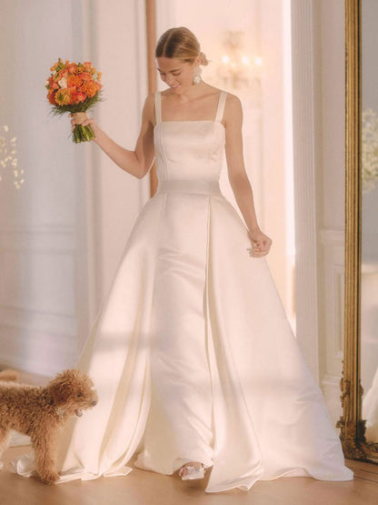 White Vintage Wedding Dresses Strapless Sleeveless Satin Floor-Length Bridal Gowns