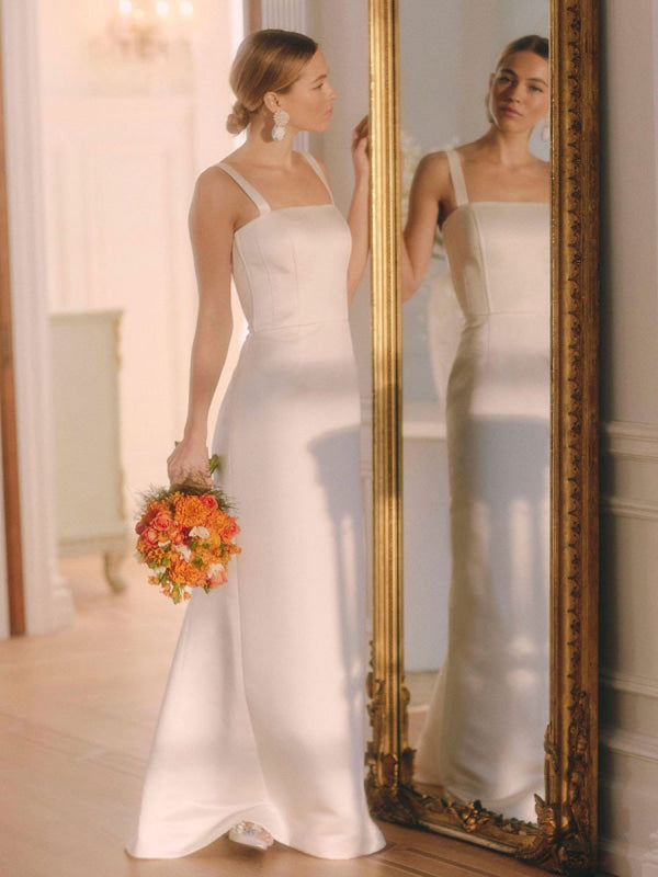 White Vintage Wedding Dresses Strapless Sleeveless Satin Floor-Length Bridal Gowns