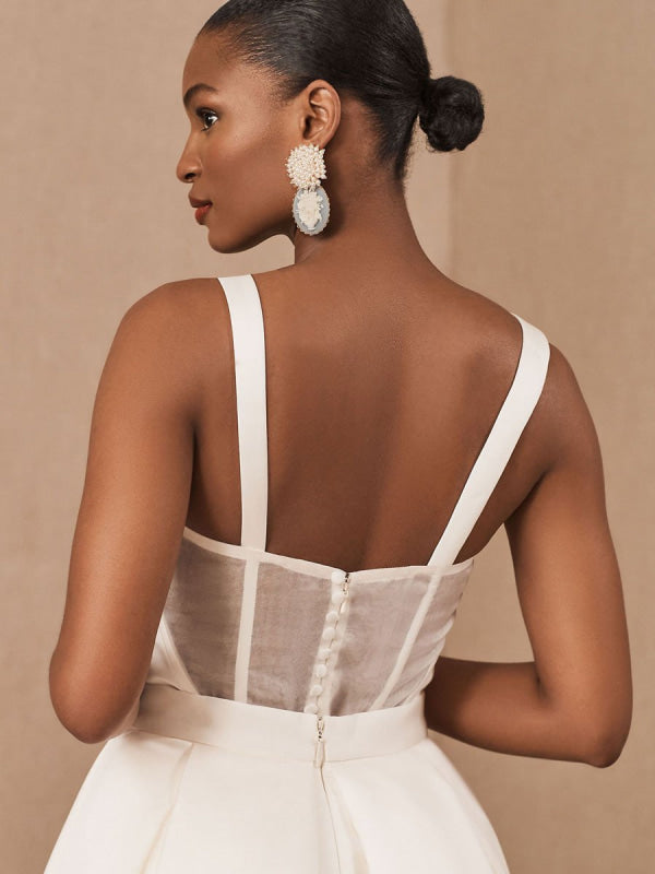 White Vintage Wedding Dresses Strapless Sleeveless Satin Floor-Length Bridal Gowns