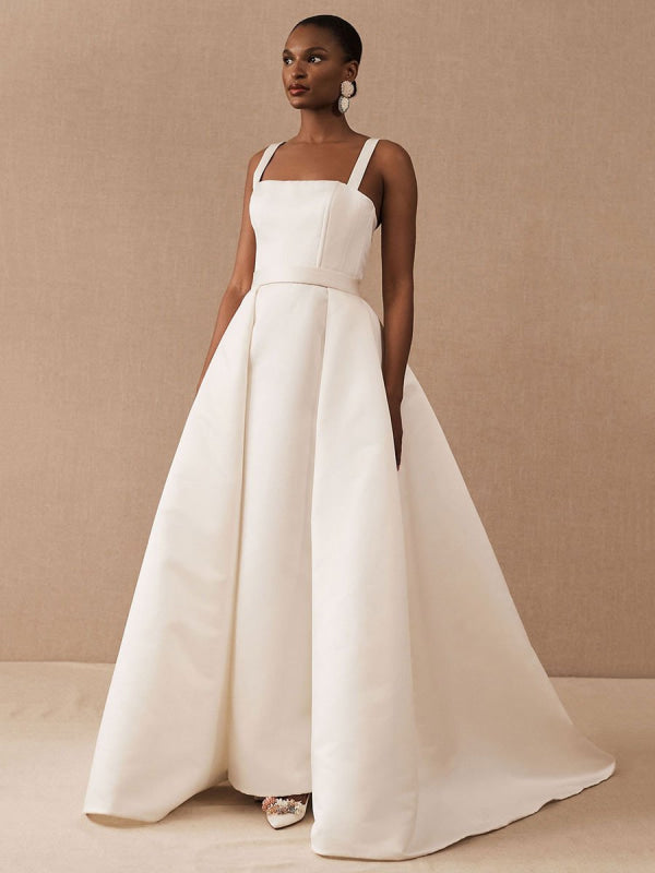 White Vintage Wedding Dresses Strapless Sleeveless Satin Floor-Length Bridal Gowns